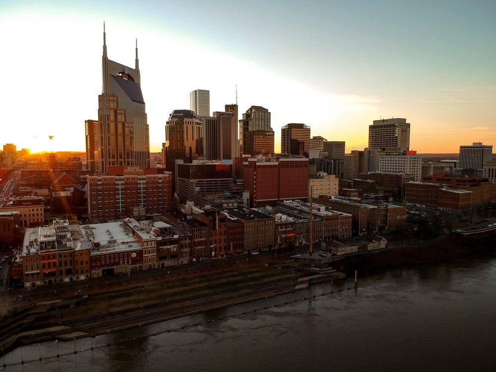 aerial view of Nashville at dusk. photo by austin wills via unsplash