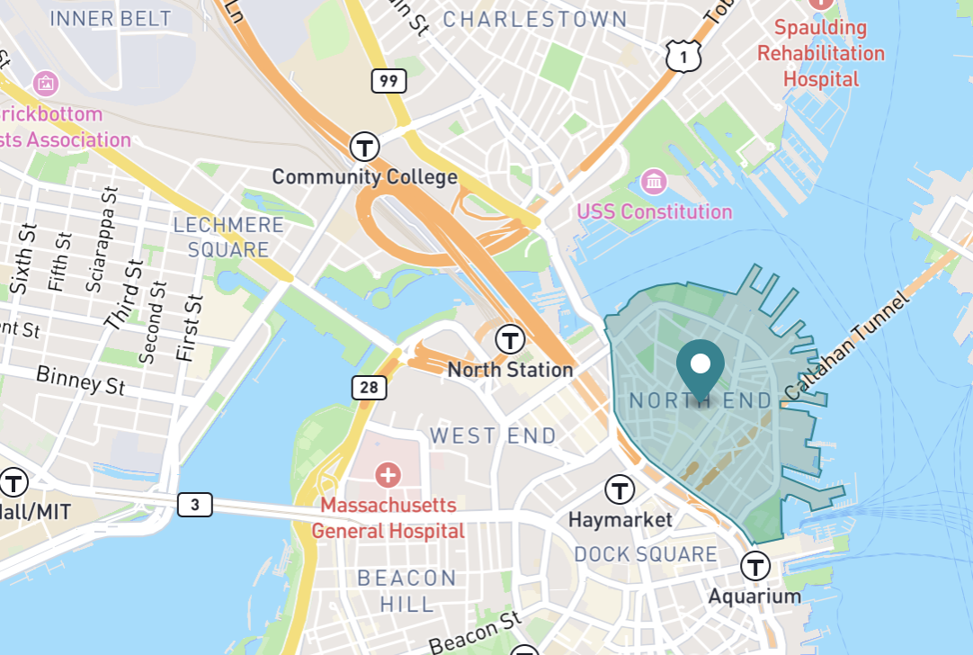 Map of North End neighborhood in Boston, Massachusetts