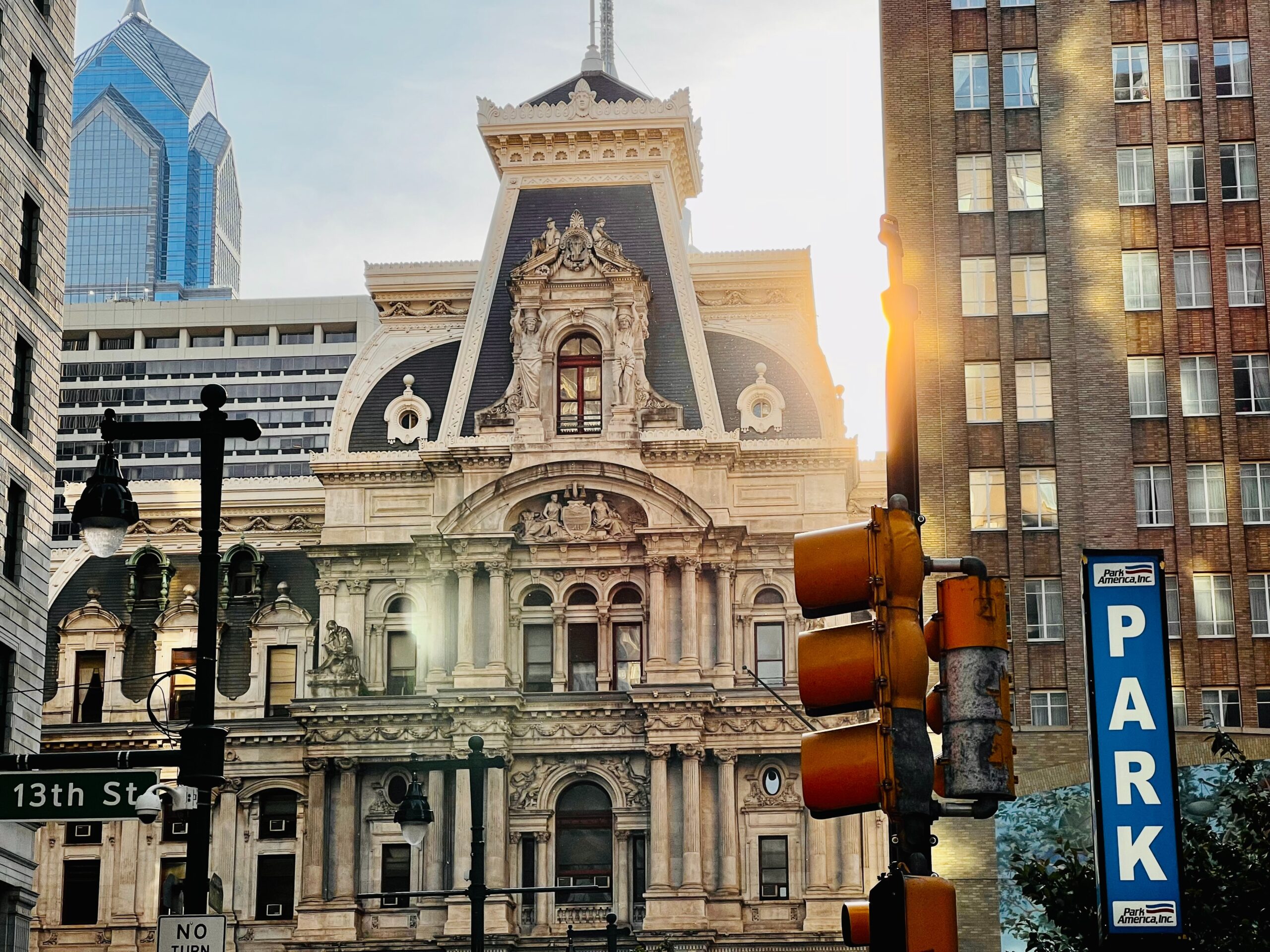 The Western face of Philadelphia's city hall during the sunset hour