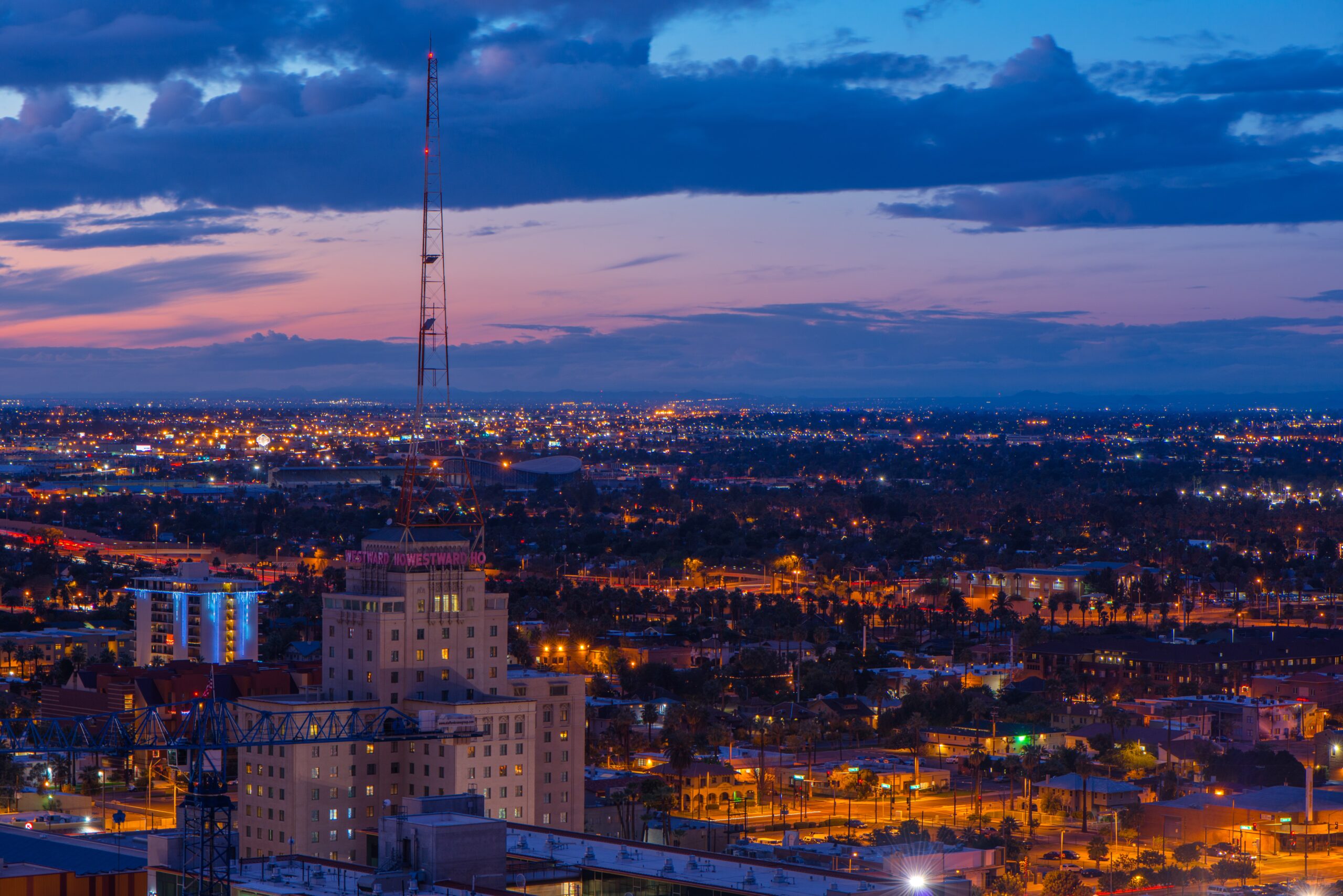 View of Phoenix skyline illuminated at sunset