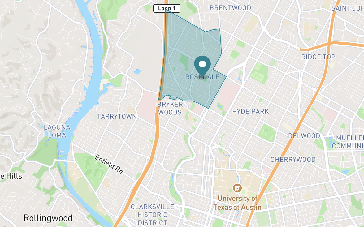 Map of Rosedale neighborhood in Austin, Texas