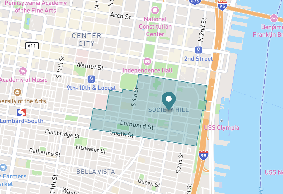 Map of Society Hill neighborhood in Philadelphia, Pennsylvania