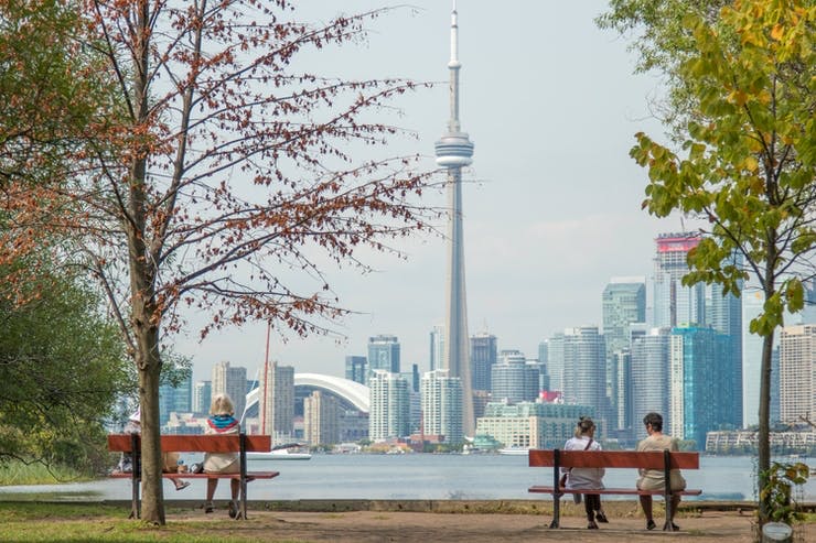 view from toronto island of the cn tower at spring time