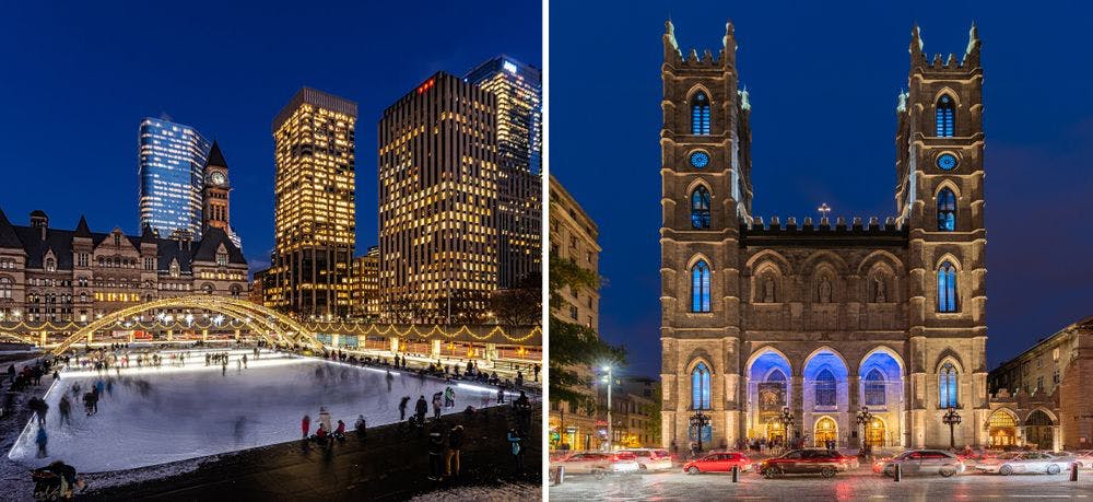 two images, one of montreal and one of toronto, side-by-side, photo by Michael Muraz, Diego Delso