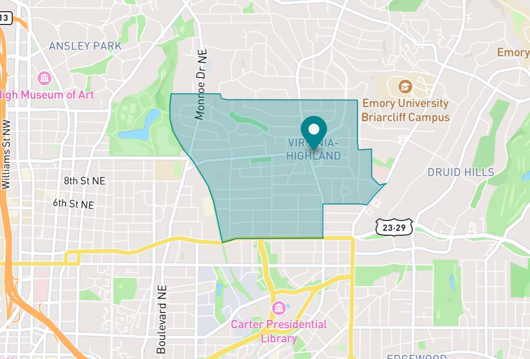 Map of Virignia Highland neighborhood in Atlanta, Georgia