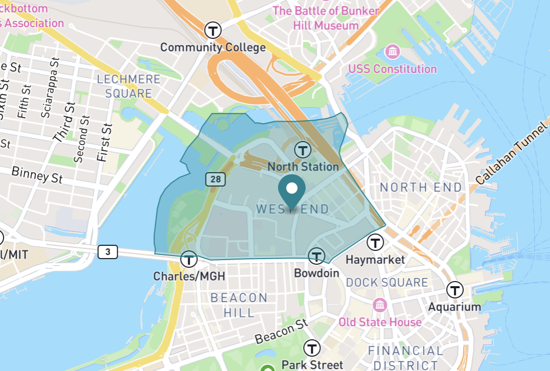 Map of West End neighborhood in Boston, Massachusetts