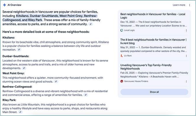 Google AI Snippet for best neighborhoods for families featuring Local Logic