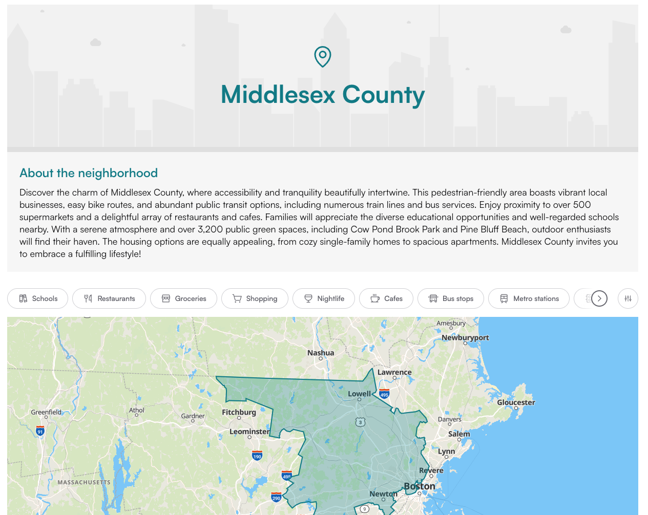 Example of county-level data as shown in NeighborhoodWrap's page for Middlesex county
