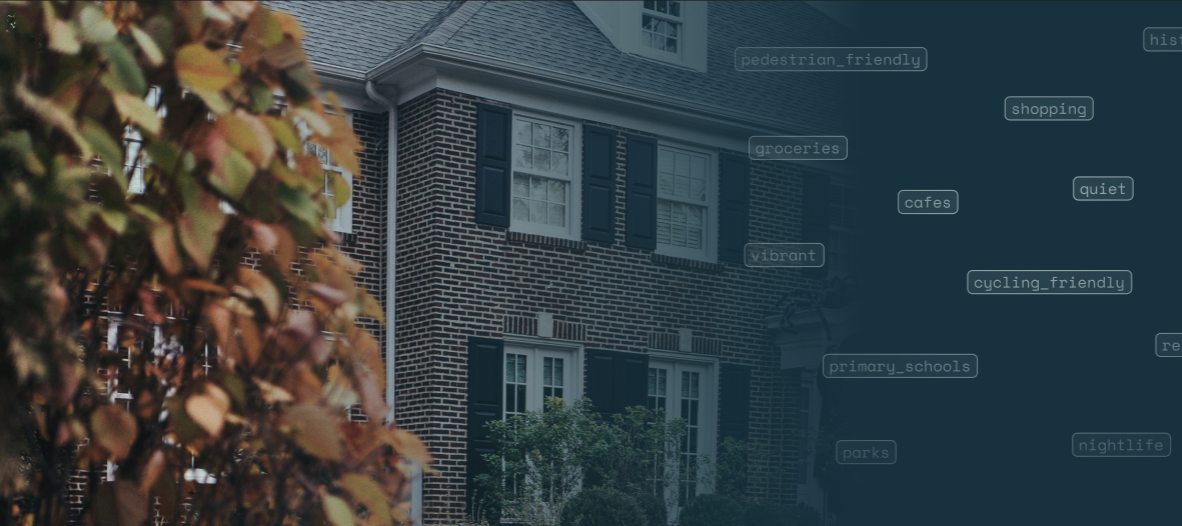 Dark teal gradient overlay of Local Logic's location data on top of an image of a home in Winnetka, Ilinois