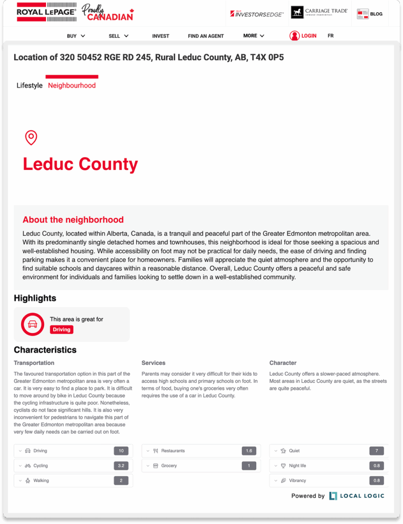 Local Logic's NeighborhoodWrap widget as implemented by Royal LePage on their listings