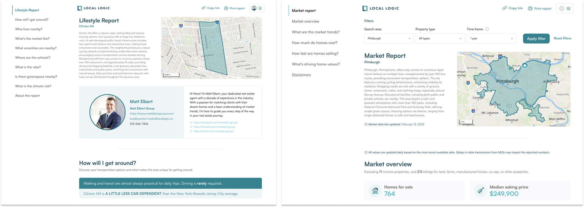 Examples of Local Logic's Location Reports featuring both Lifestyle Report and Market Report