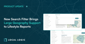 Product announcement for new Geographic Search Filter in Lifestyle Reports by Local Logic that allows users to toggle between larger geographies, such as ZIP codes, cities, and counties featuring product screenshots of the report