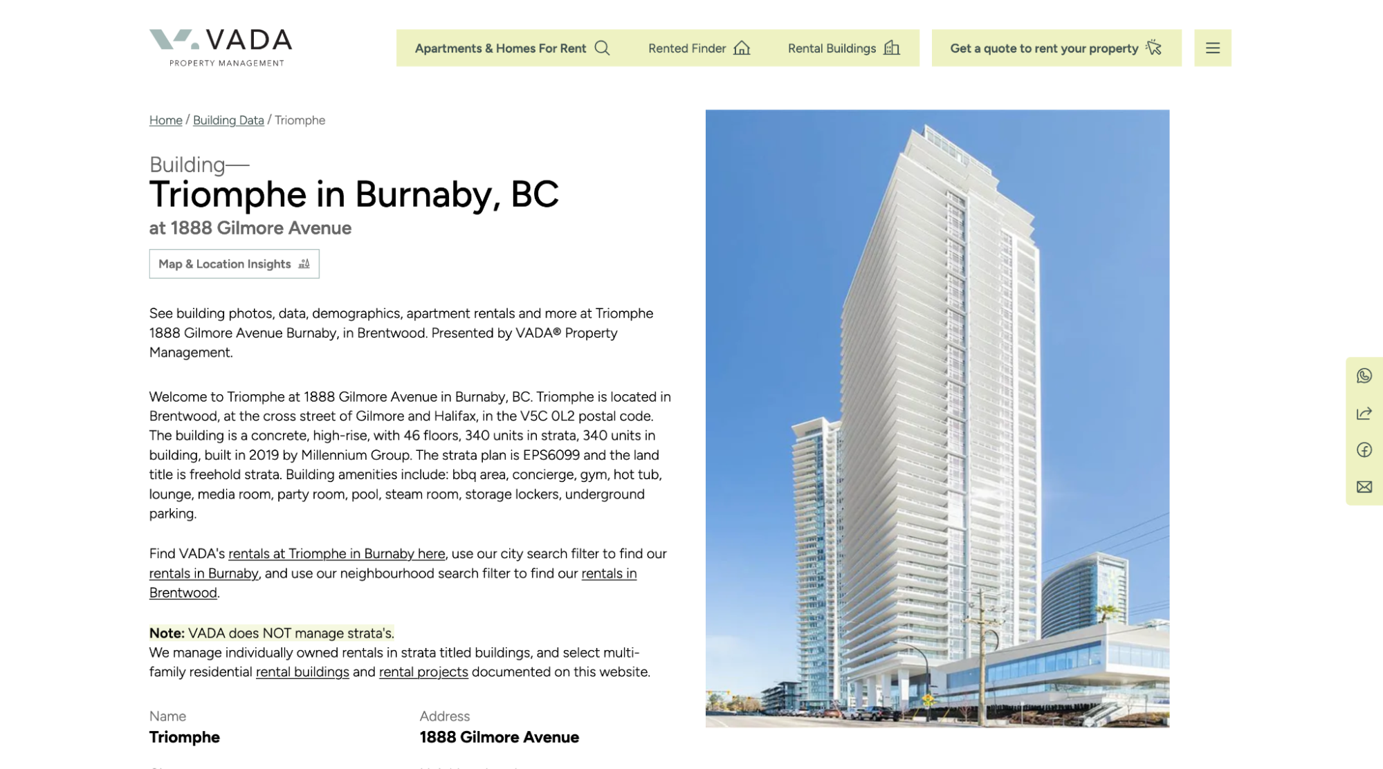 Building Data Page on VADA Property Management website