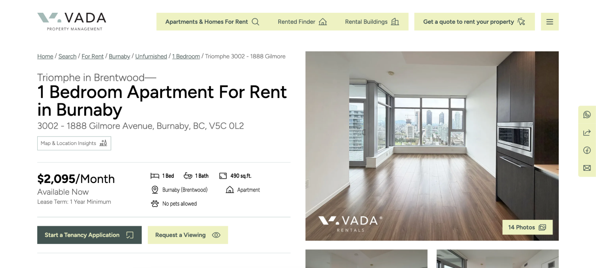 Rental Listing Page on VADA Property Management website