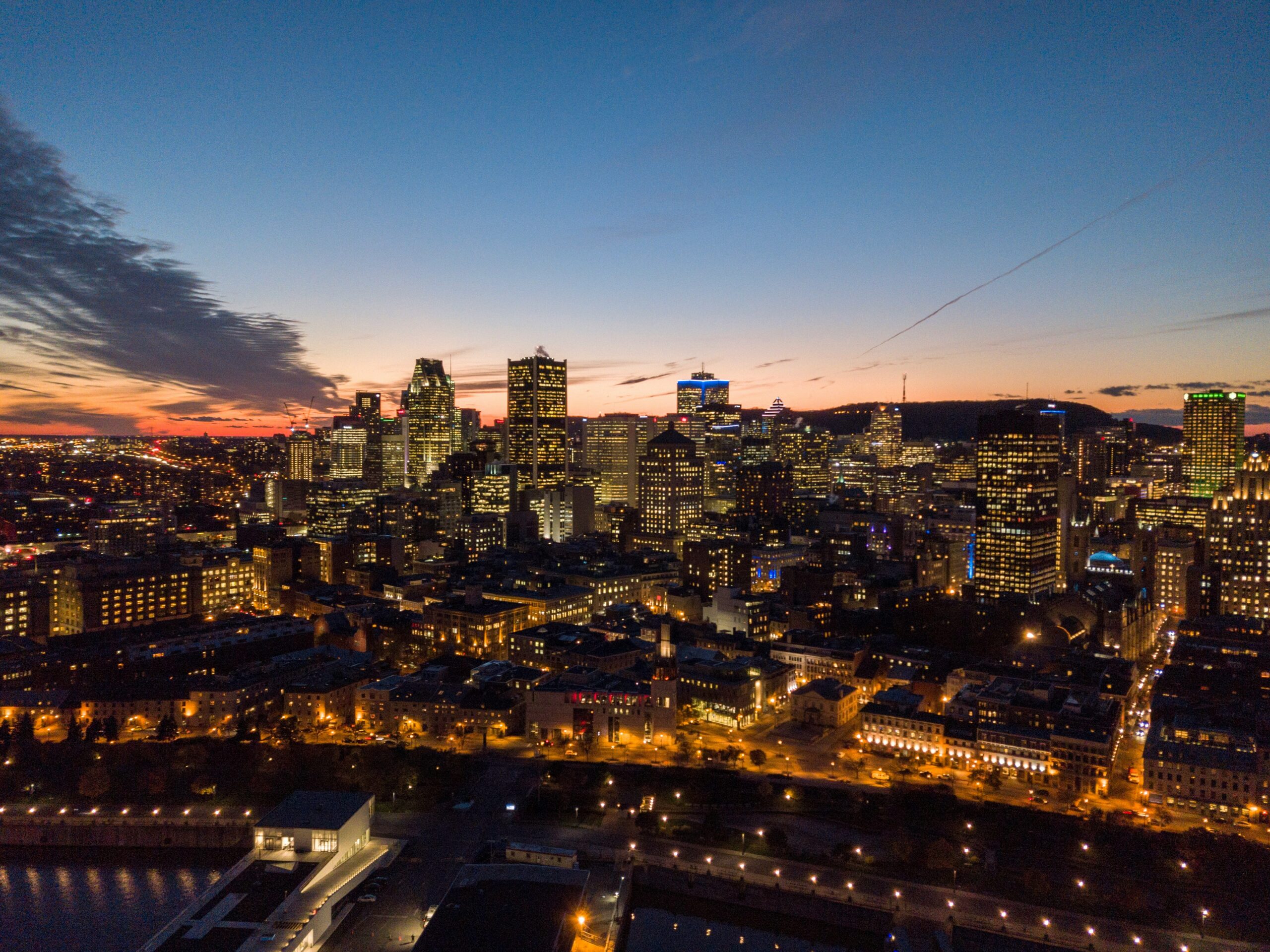 View of city skyline at night