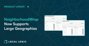 Product announcement for large geography, such as cities and counties, support for NeighborhoodWrap, featuring product screenshots of the report