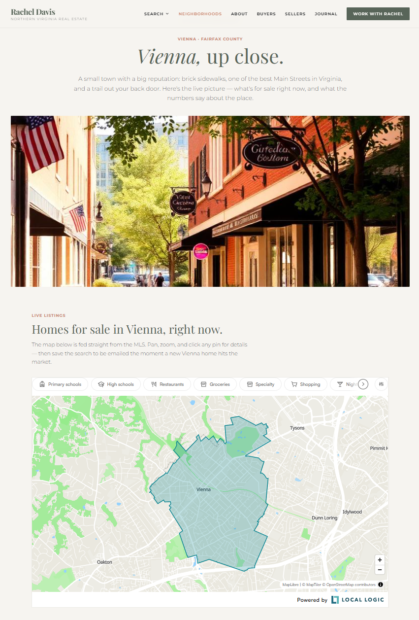 Local Logic neighborhood map widget embedded on an agent's Vienna, Virginia neighborhood page built on IDX Broker
